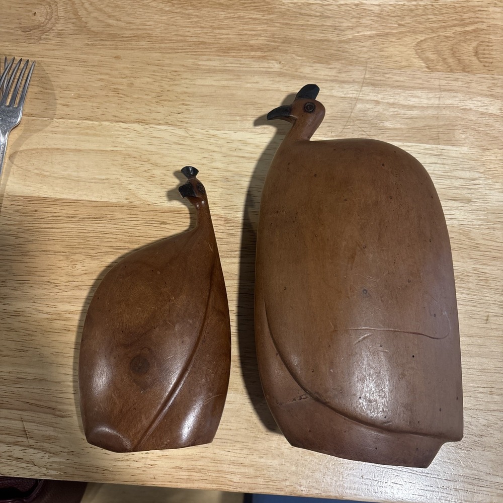 Vtg African Mid-Century Wooden Guinea Fowl Hand Carved Birds, Lot of 2